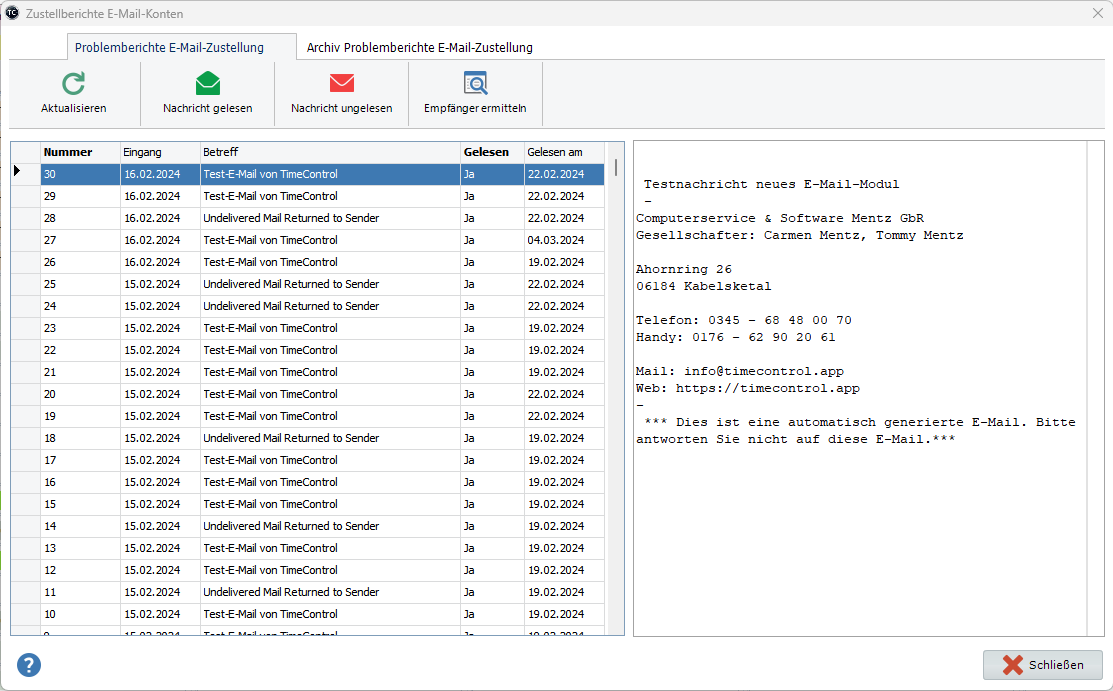 Zustellberichte für TimeControl